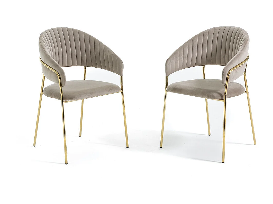 Lot de 2 chaises d’intérieur en velours, rembourrées, pieds en métal, design élégant pour salle à manger, cuisine, restaurants - Beige/Or - Lea