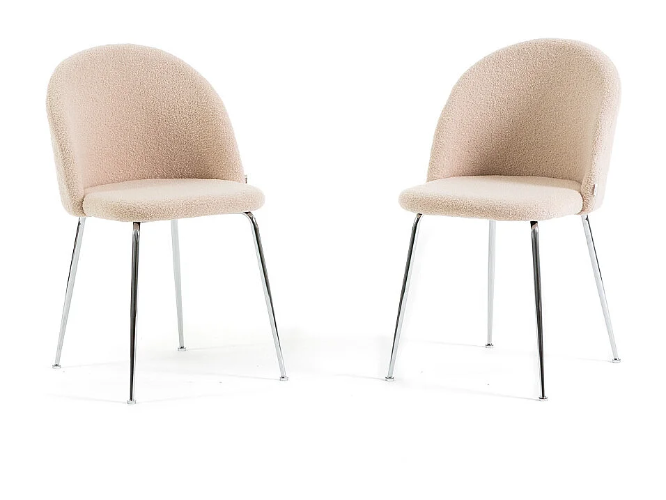 Set di 2 sedie da interno in tessuto teddy, gambe in metallo, imbottite per cucina, sala da pranzo e ristorante – Sara Teddy – Ecrù/Argento