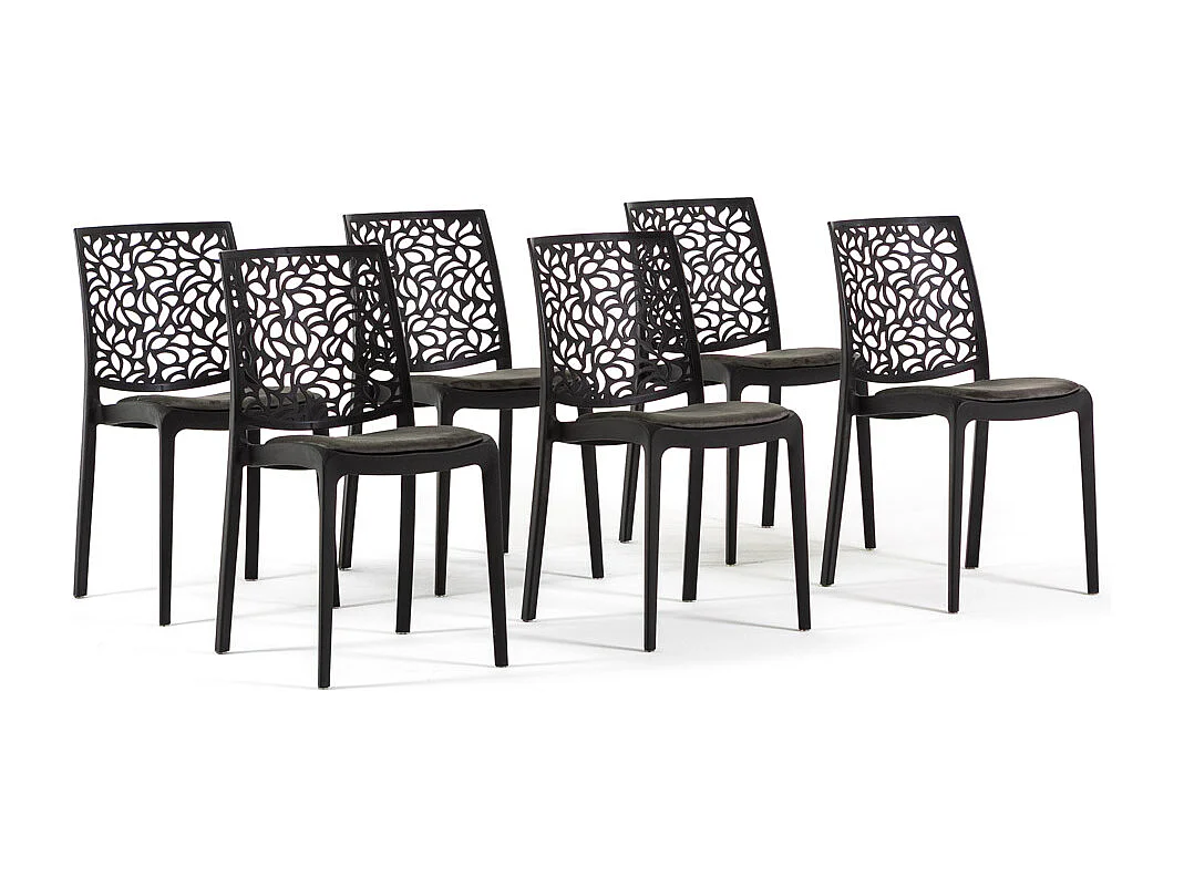 Lot de 6 chaises en polypropylène avec coussin, empilables, design moderne pour cuisine, salle à manger, bar ou restaurant – Anna – Noir/Gris