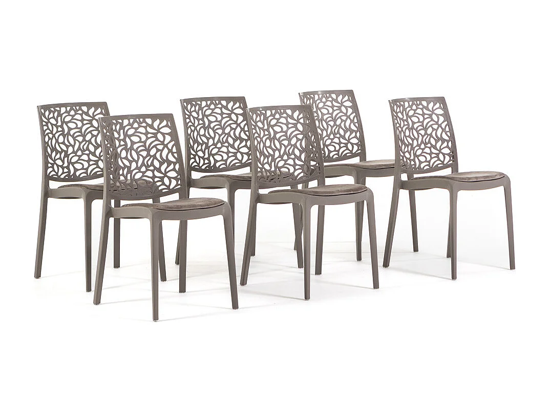 Lot de 6 chaises en polypropylène avec coussin, empilables, design moderne pour cuisine, salle à manger, bar ou restaurant – Anna – Taupe/Taupe