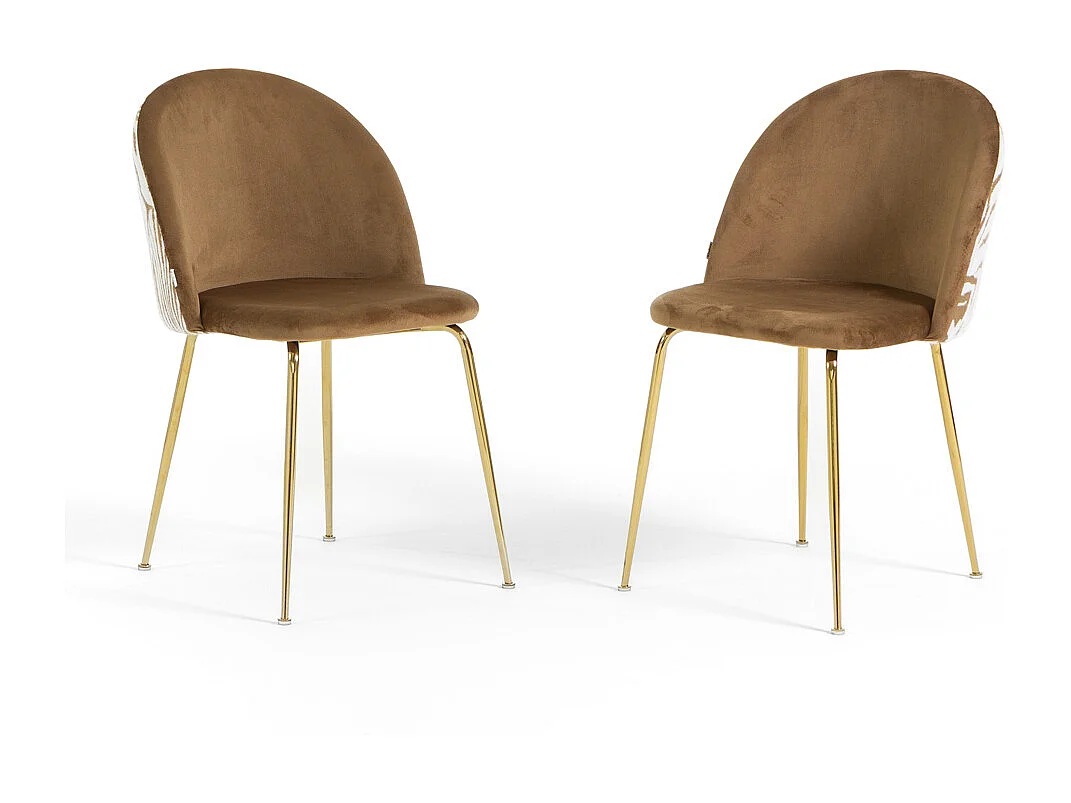 Lot de 2 chaises en velours décoratif d’intérieur, pieds en métal, design élégant pour cuisine, salle à manger, bar ou restaurant – Sara – Zèbre/Or