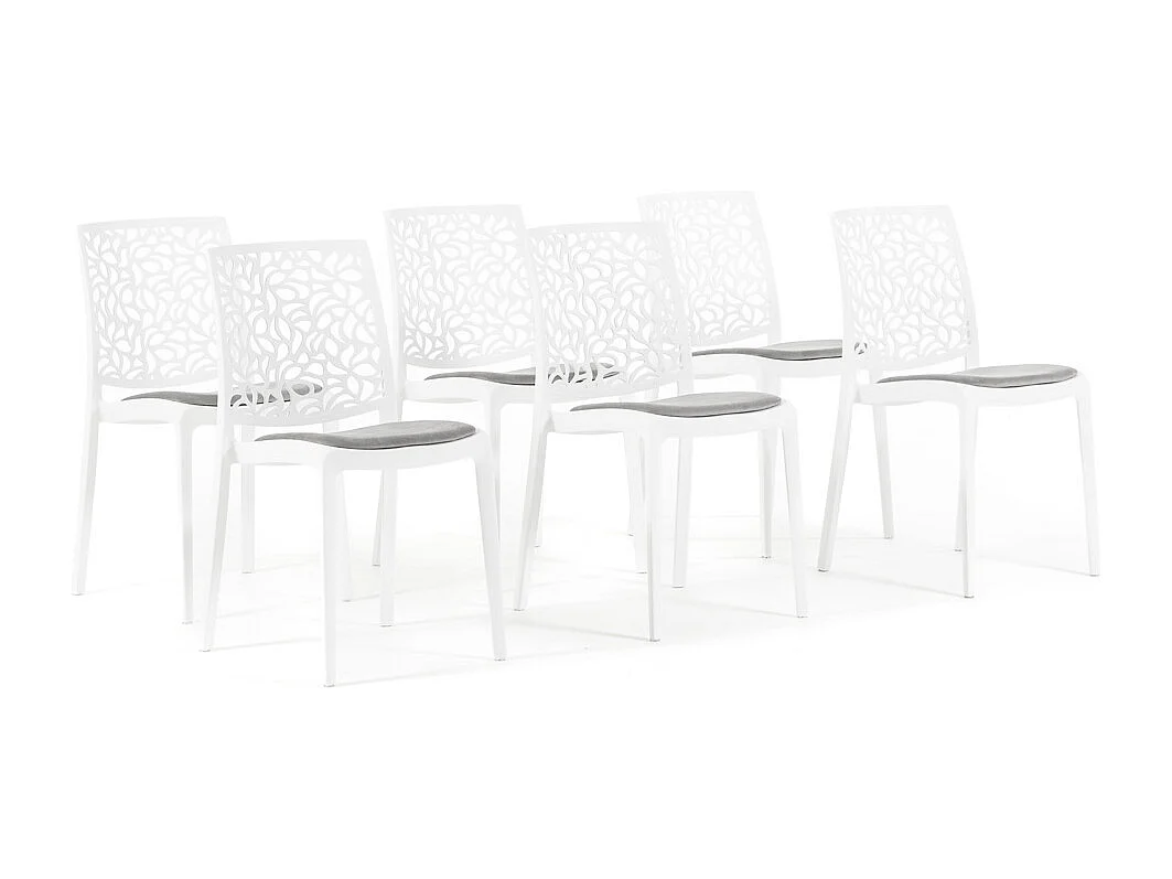 Lot de 6 chaises en polypropylène avec coussin, empilables, design moderne pour cuisine, salle à manger, bar ou restaurant – Anna – Blanc/Gris