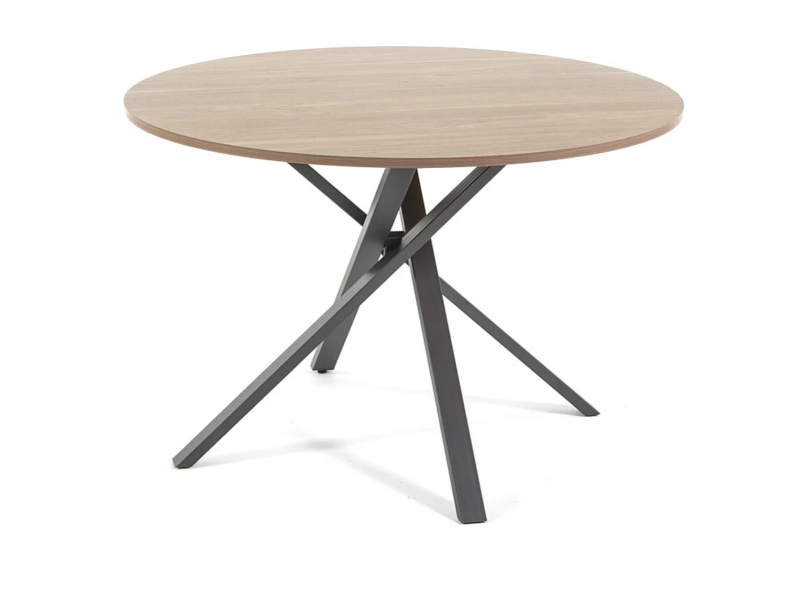 Table ronde ⌀110 cm, pieds croisés en métal, plateau stratifié, table à manger pour 4 personnes, pieds en X, style moderne - Carlo - Bois