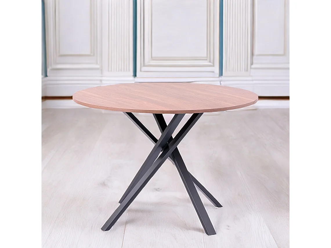Table ronde ⌀110 cm, pieds croisés en métal, plateau stratifié, table à manger pour 4 personnes, pieds en X, style moderne - Carlo - Bois