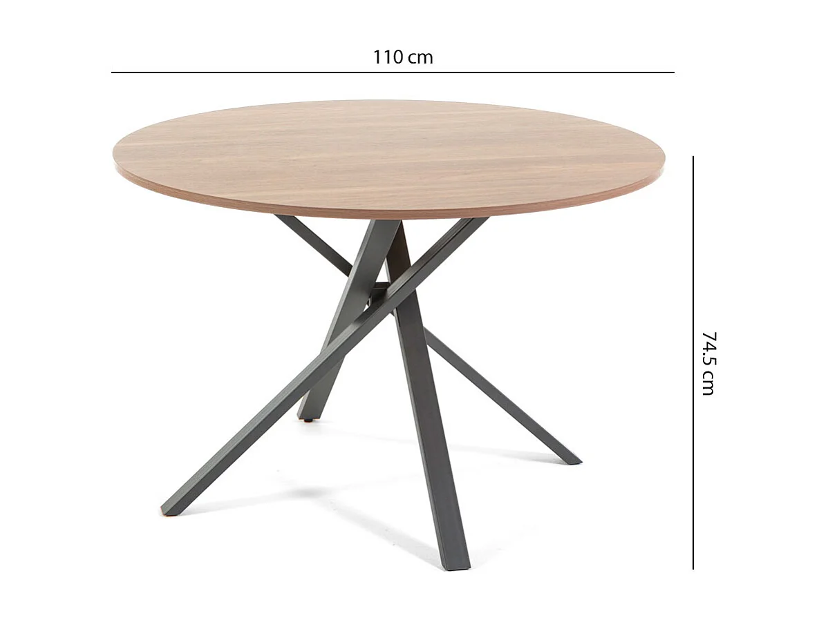 Table ronde ⌀110 cm, pieds croisés en métal, plateau stratifié, table à manger pour 4 personnes, pieds en X, style moderne - Carlo - Bois