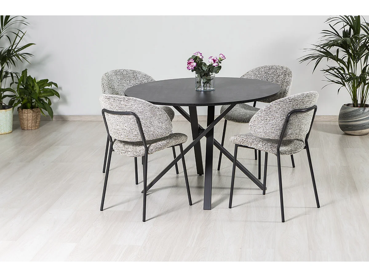 Table ronde ⌀110 cm, pieds croisés en métal, plateau stratifié, table à manger pour 4 personnes, pieds en X, style moderne - Carlo - Granit