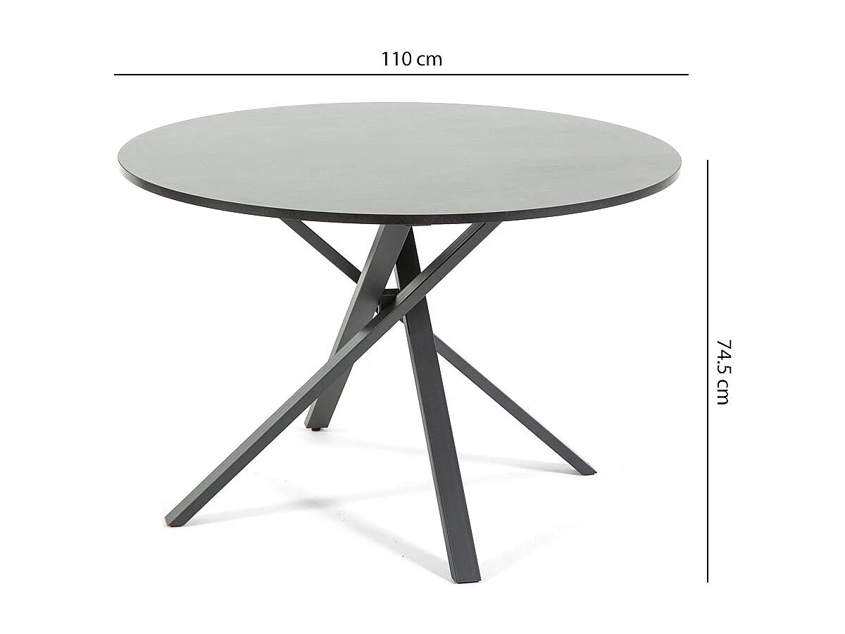 Table ronde ⌀110 cm, pieds croisés en métal, plateau stratifié, table à manger pour 4 personnes, pieds en X, style moderne - Carlo - Granit
