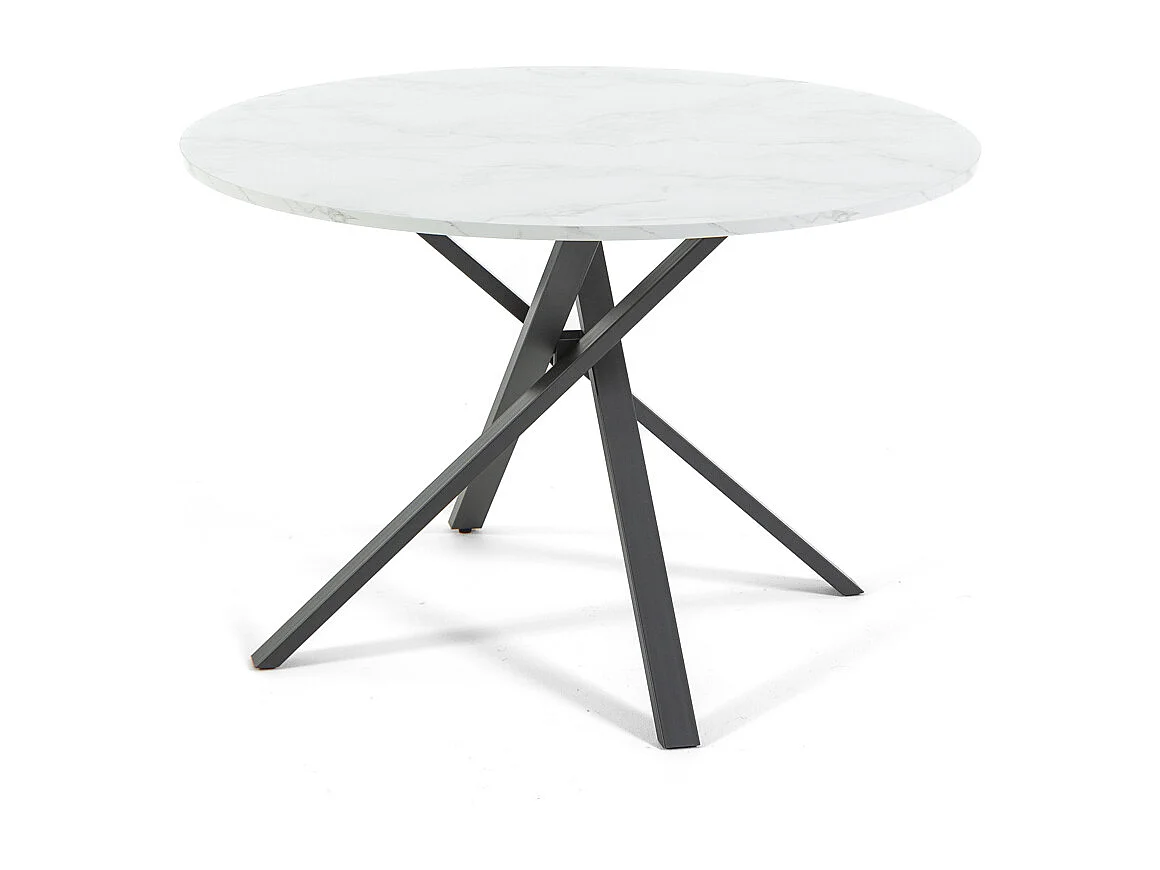 Table ronde ⌀110 cm, pieds croisés en métal, plateau stratifié, table à manger pour 4 personnes, pieds en X, style moderne - Carlo - Marbre