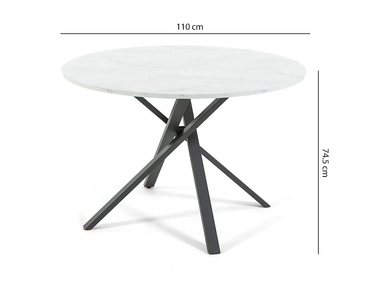 Table ronde ⌀110 cm, pieds croisés en métal, plateau stratifié, table à manger pour 4 personnes, pieds en X, style moderne - Carlo - Marbre