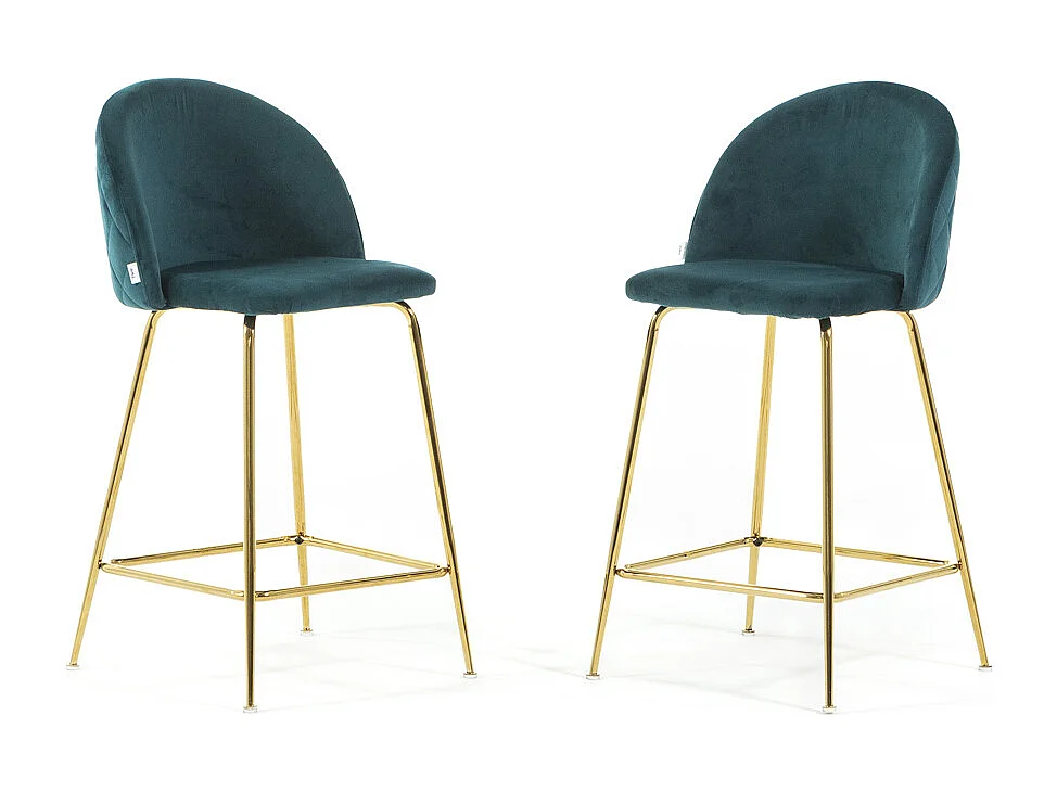 Lot de 2 tabourets de bar rembourrés en velours, pieds en métal, h.65 cm, pour bar, restaurants et cuisine, design moderne et élégant - Sara XL - Bleu canard/Or