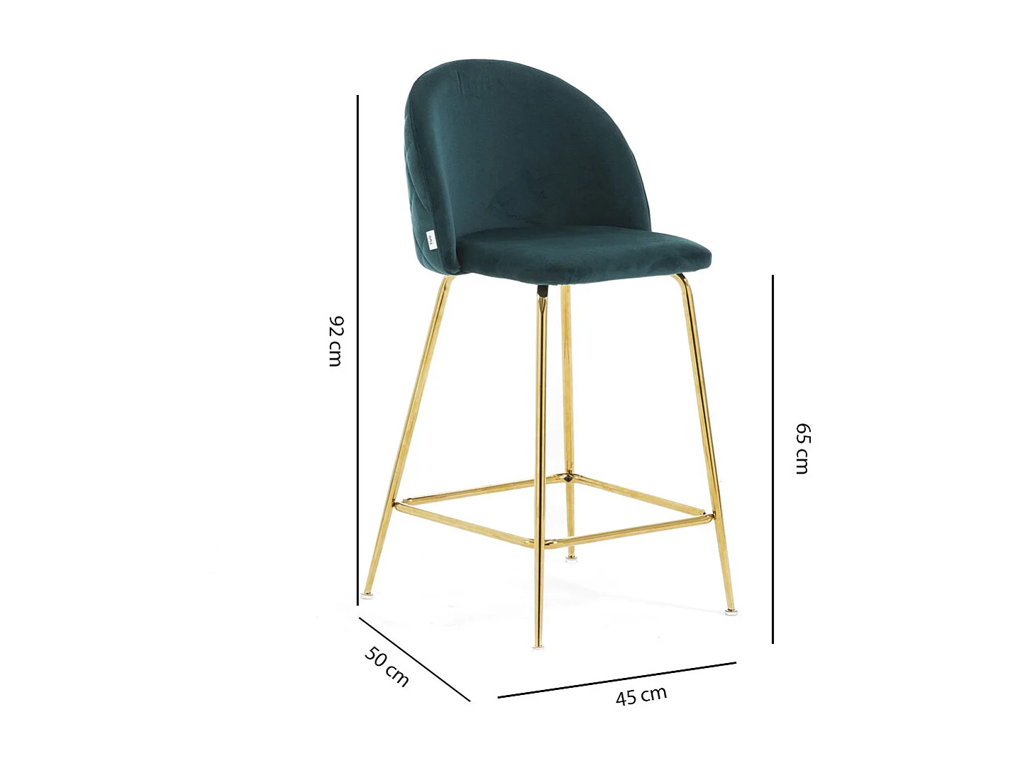 Lot de 2 tabourets de bar rembourrés en velours, pieds en métal, h.65 cm, pour bar, restaurants et cuisine, design moderne et élégant - Sara XL - Bleu canard/Or