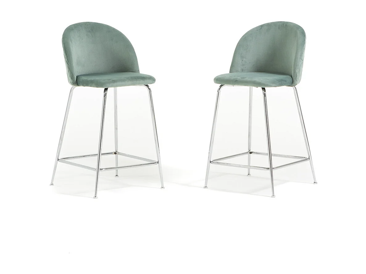 Lot de 2 tabourets de bar rembourrés en velours, pieds en métal, h.65 cm, pour bar, restaurants et cuisine, design moderne et élégant - Sara XL - Vert jade/Argent