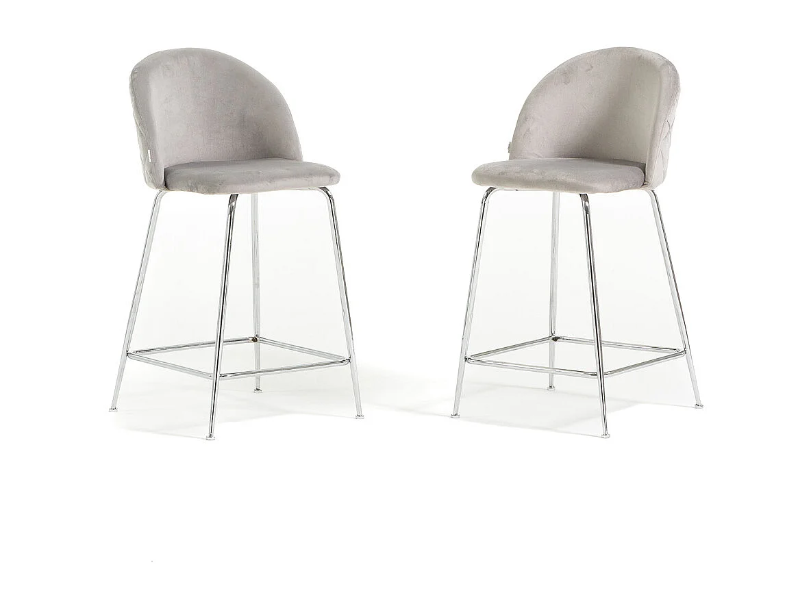 Lot de 2 tabourets de bar rembourrés en velours, pieds en métal, h.65 cm, pour bar, restaurants et cuisine, design moderne et élégant - Sara XL - Gris clair/Argent