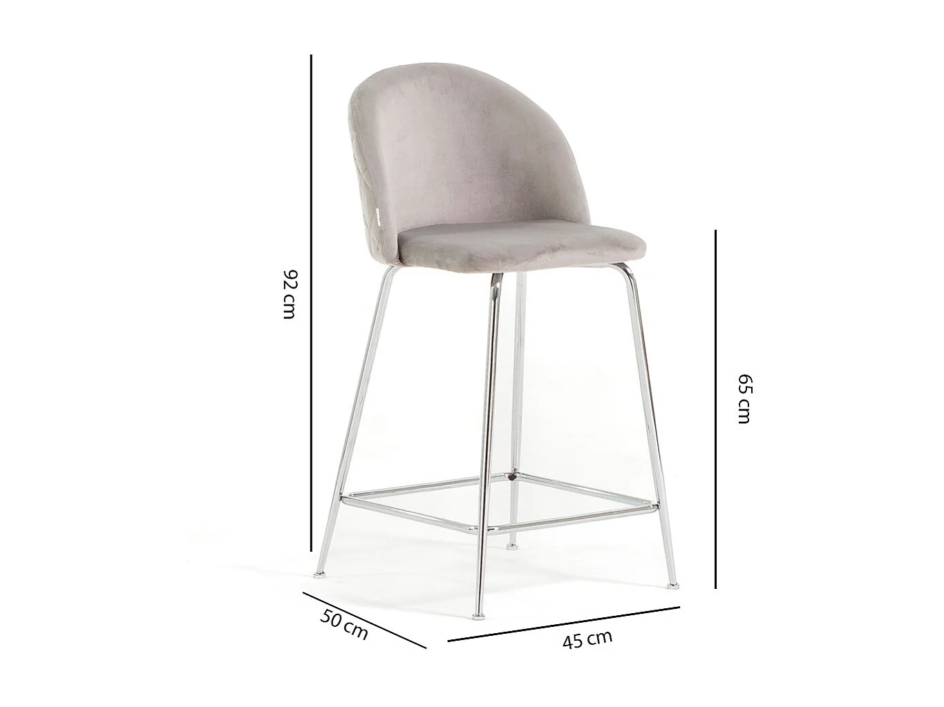 Lot de 2 tabourets de bar rembourrés en velours, pieds en métal, h.65 cm, pour bar, restaurants et cuisine, design moderne et élégant - Sara XL - Gris clair/Argent