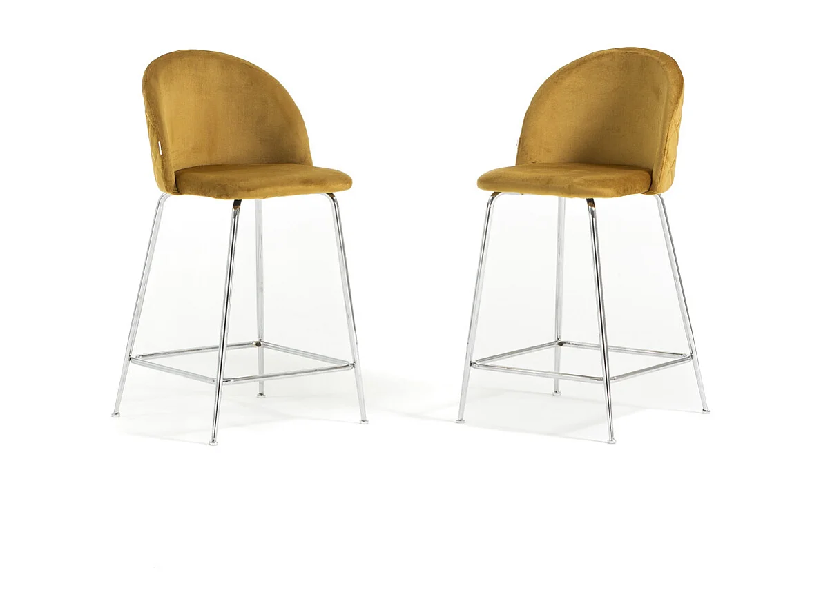 Lot de 2 tabourets de bar rembourrés en velours, pieds en métal, h.65 cm, pour bar, restaurants et cuisine, design moderne et élégant - Sara XL - Moutarde/Argent