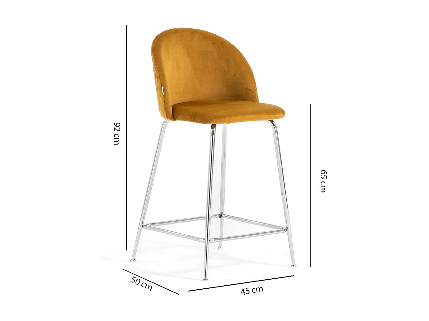 Lot de 2 tabourets de bar rembourrés en velours, pieds en métal, h.65 cm, pour bar, restaurants et cuisine, design moderne et élégant - Sara XL - Moutarde/Argent
