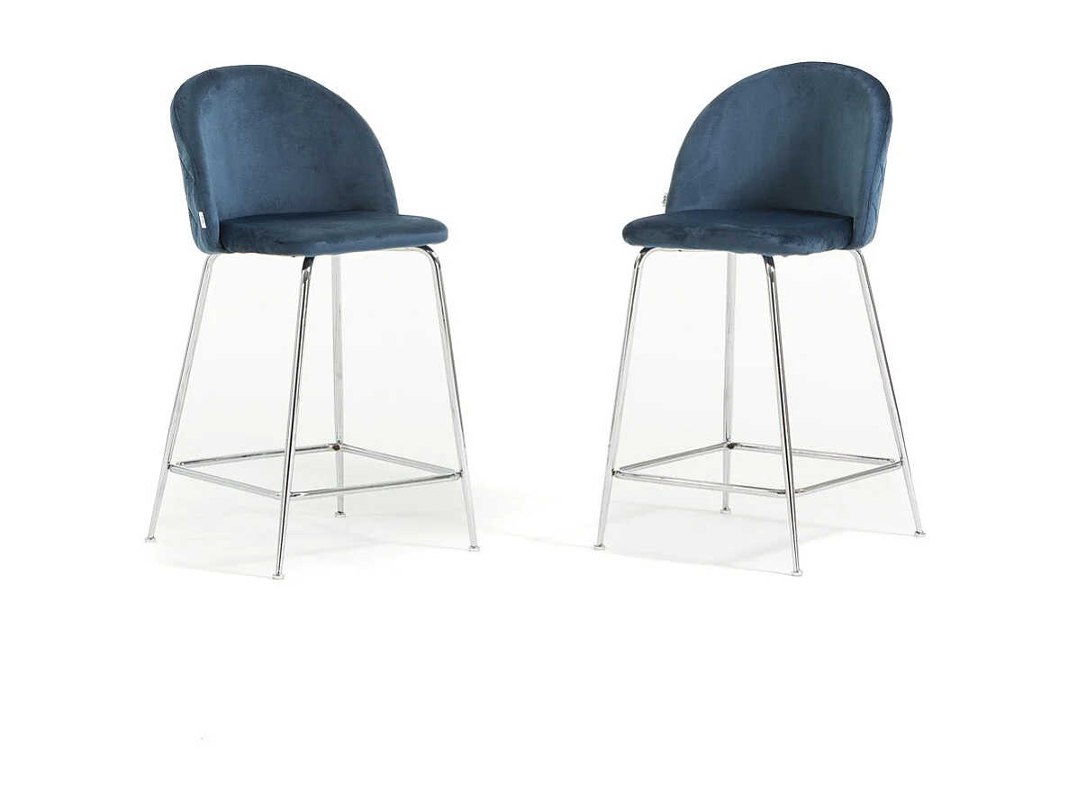 Lot de 2 tabourets de bar rembourrés en velours, pieds en métal, h.65 cm, pour bar, restaurants et cuisine, design moderne et élégant - Sara XL - Bleu/Argent