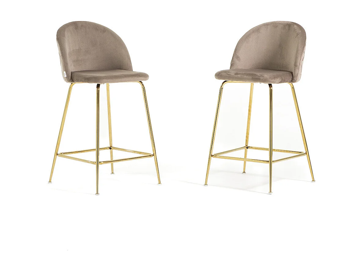 Lot de 2 tabourets de bar rembourrés en velours, pieds en métal, h.65 cm, pour bar, restaurants et cuisine, design moderne et élégant - Sara XL - Taupe/Or