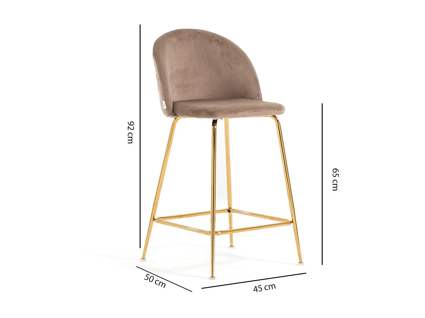Lot de 2 tabourets de bar rembourrés en velours, pieds en métal, h.65 cm, pour bar, restaurants et cuisine, design moderne et élégant - Sara XL - Taupe/Or