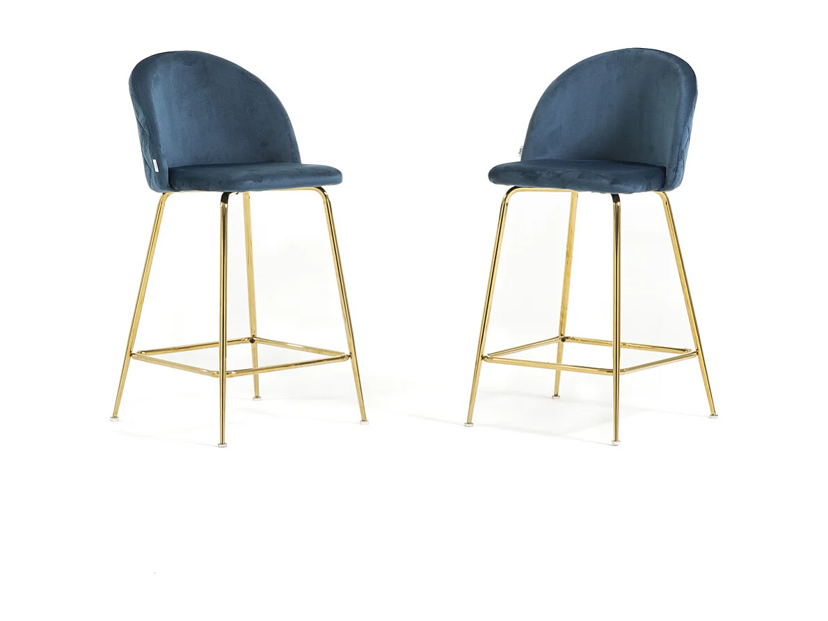 Lot de 2 tabourets de bar rembourrés en velours, pieds en métal, h.65 cm, pour bar, restaurants et cuisine, design moderne et élégant - Sara XL - Bleu/Or