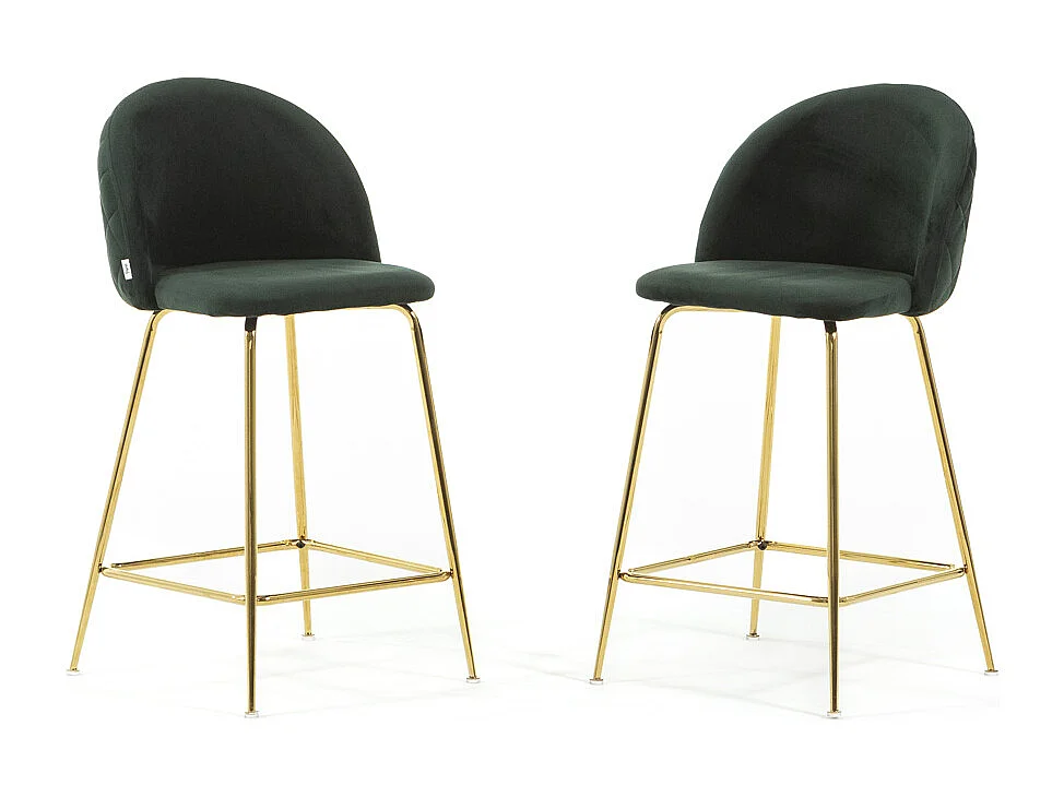 Lot de 2 tabourets de bar rembourrés en velours, pieds en métal, h.65 cm, pour bar, restaurants et cuisine, design moderne et élégant - Sara XL - Vert foncé/Or