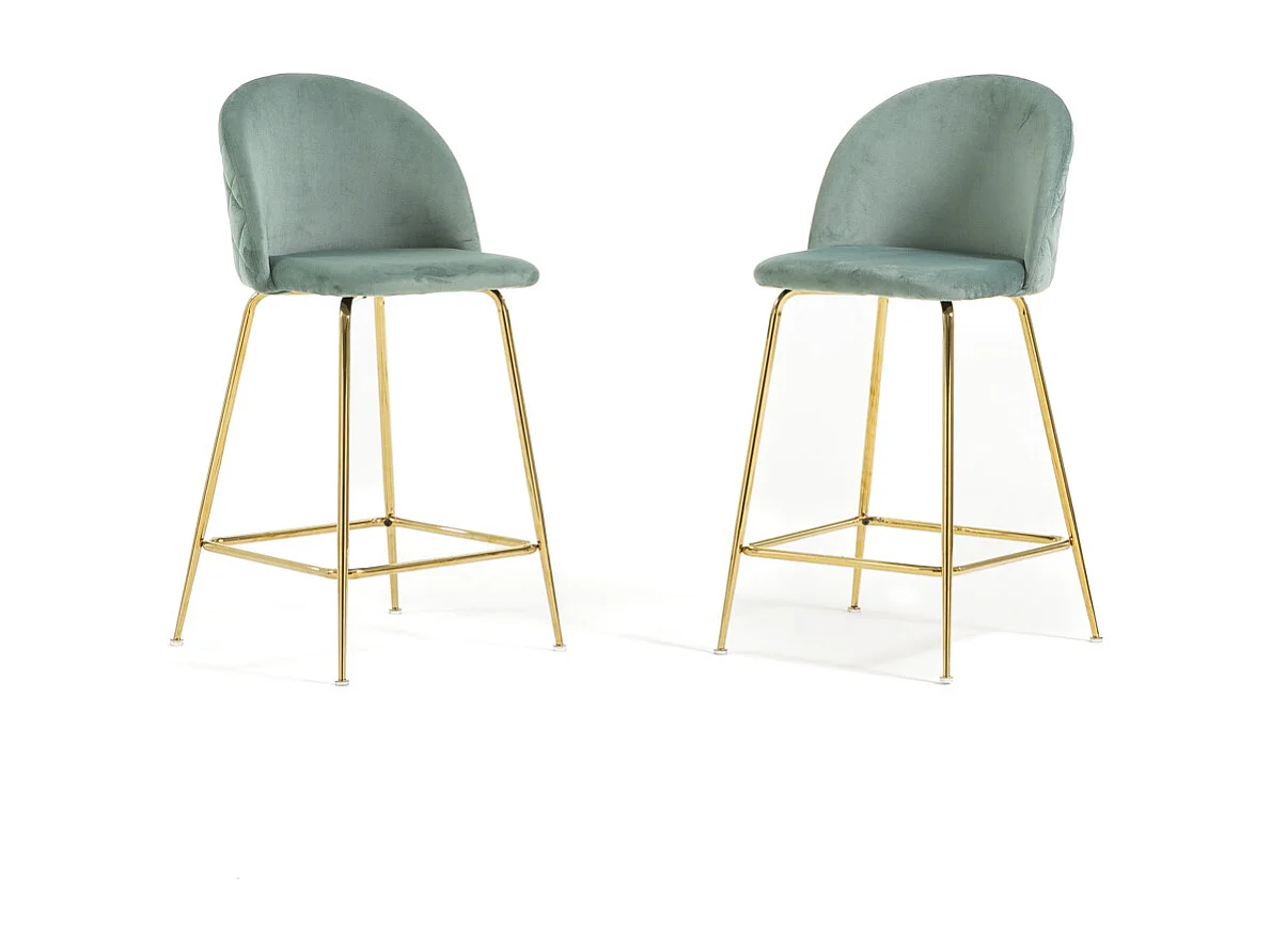 Lot de 2 tabourets de bar rembourrés en velours, pieds en métal, h.65 cm, pour bar, restaurants et cuisine, design moderne et élégant - Sara XL - Vert jade/Or