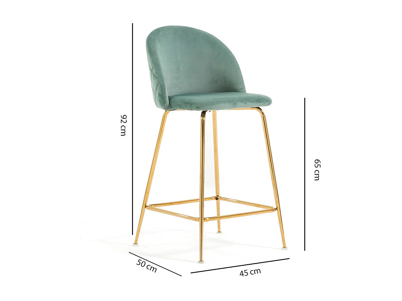 Lot de 2 tabourets de bar rembourrés en velours, pieds en métal, h.65 cm, pour bar, restaurants et cuisine, design moderne et élégant - Sara XL - Vert jade/Or
