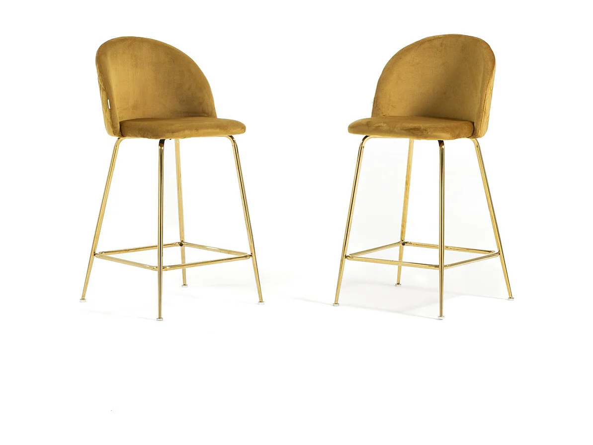 Lot de 2 tabourets de bar rembourrés en velours, pieds en métal, h.65 cm, pour bar, restaurants et cuisine, design moderne et élégant - Sara XL - Moutarde/Or