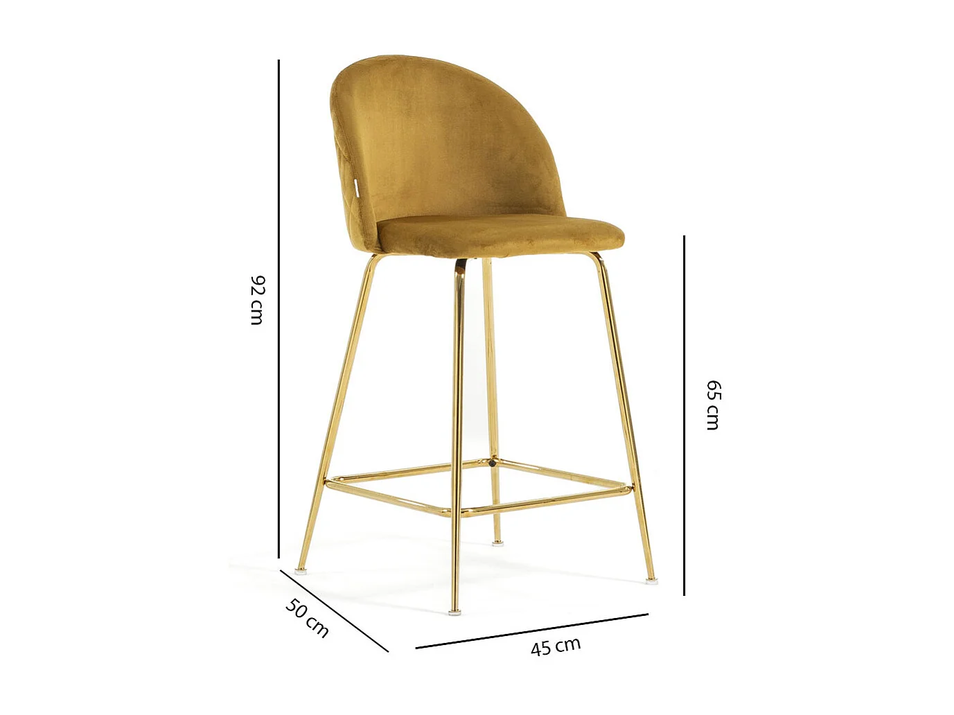 Lot de 2 tabourets de bar rembourrés en velours, pieds en métal, h.65 cm, pour bar, restaurants et cuisine, design moderne et élégant - Sara XL - Moutarde/Or