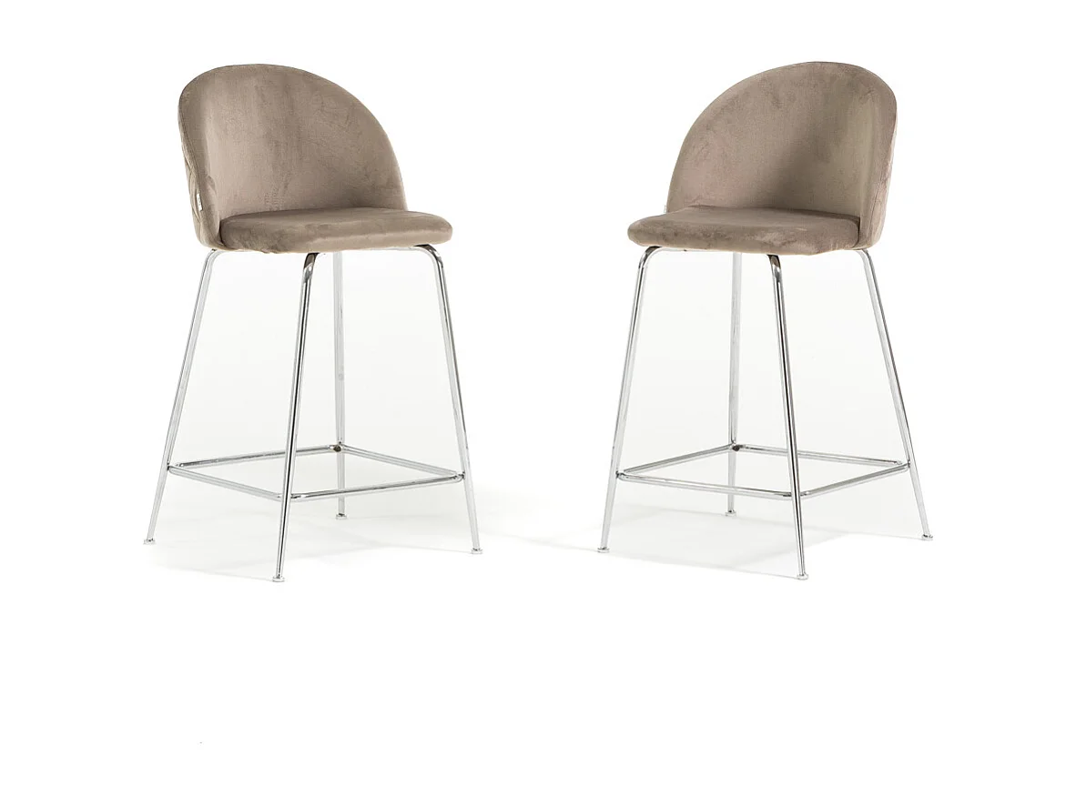 Lot de 2 tabourets de bar rembourrés en velours, pieds en métal, h.65 cm, pour bar, restaurants et cuisine, design moderne et élégant - Sara XL - Taupe/Argent