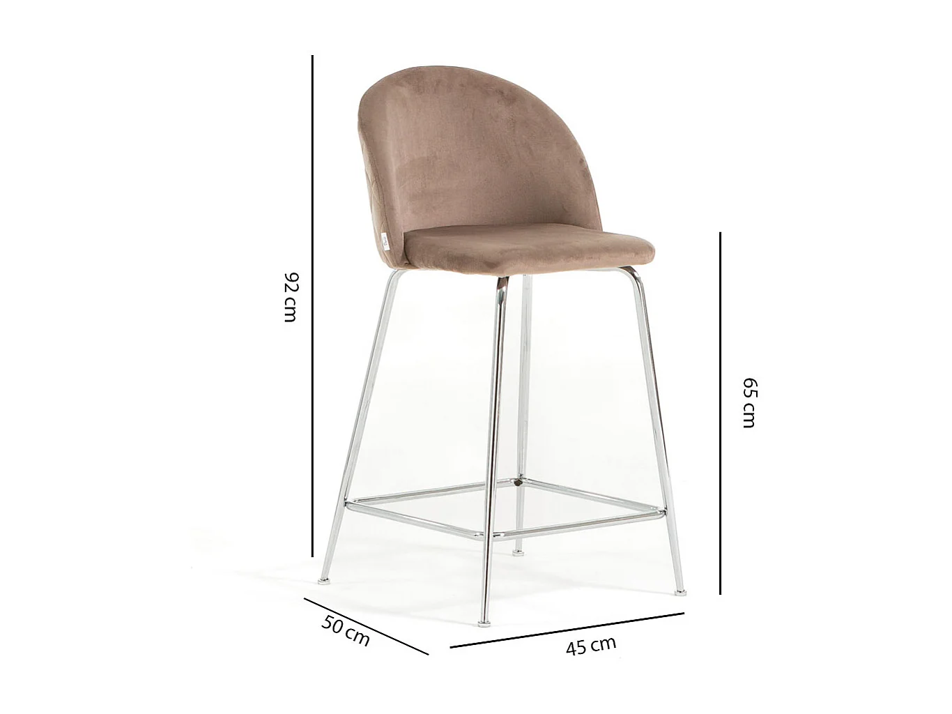 Lot de 2 tabourets de bar rembourrés en velours, pieds en métal, h.65 cm, pour bar, restaurants et cuisine, design moderne et élégant - Sara XL - Taupe/Argent
