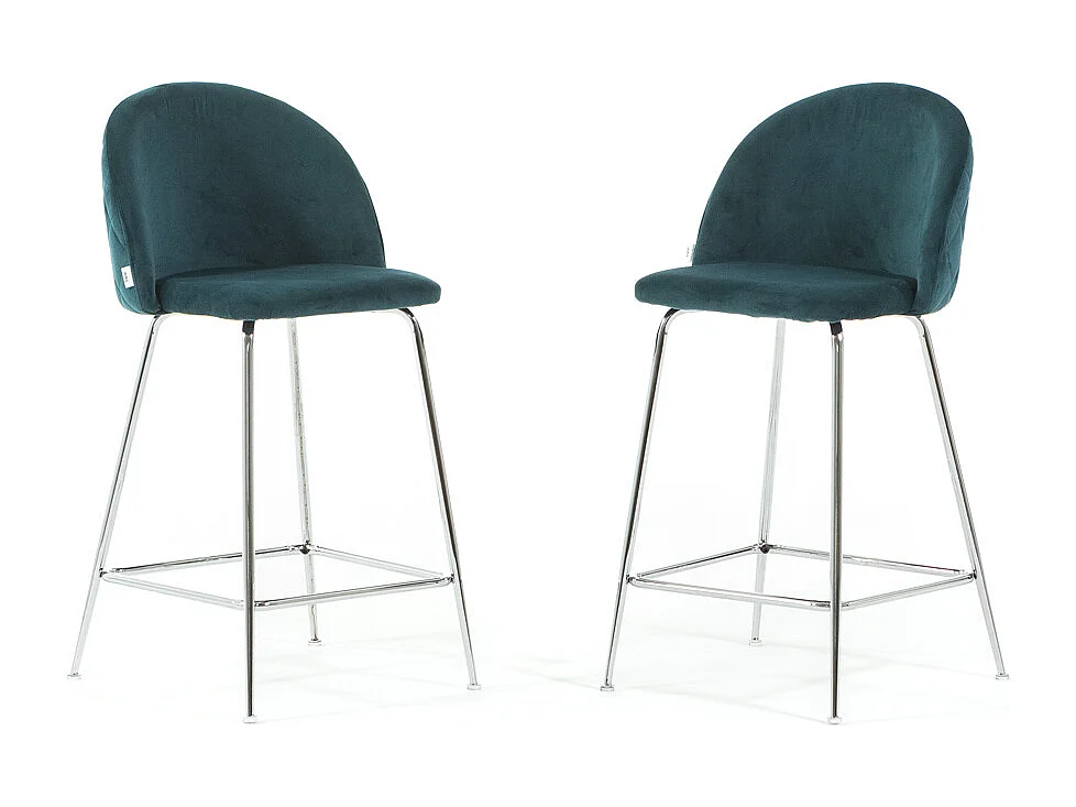 Lot de 2 tabourets de bar rembourrés en velours, pieds en métal, h.65 cm, pour bar, restaurants et cuisine, design moderne et élégant - Sara XL - Bleu canard/Argent