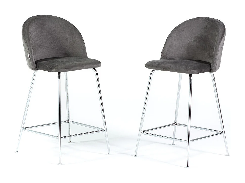 Lot de 2 tabourets de bar rembourrés en velours, pieds en métal, h.65 cm, pour bar, restaurants et cuisine, design moderne et élégant - Sara XL - Gris foncé/Argent