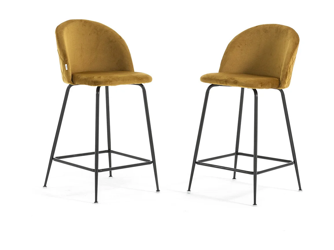 Lot de 2 tabourets de bar rembourrés en velours, pieds en métal, h.65 cm, pour bar, restaurants et cuisine, design moderne et élégant - Sara XL - Moutarde/Gris
