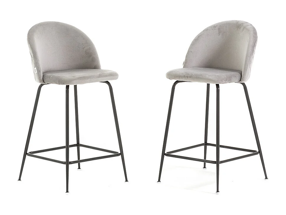 Lot de 2 tabourets de bar rembourrés en velours, pieds en métal, h.65 cm, pour bar, restaurants et cuisine, design moderne et élégant - Sara XL - Gris clair/Gris