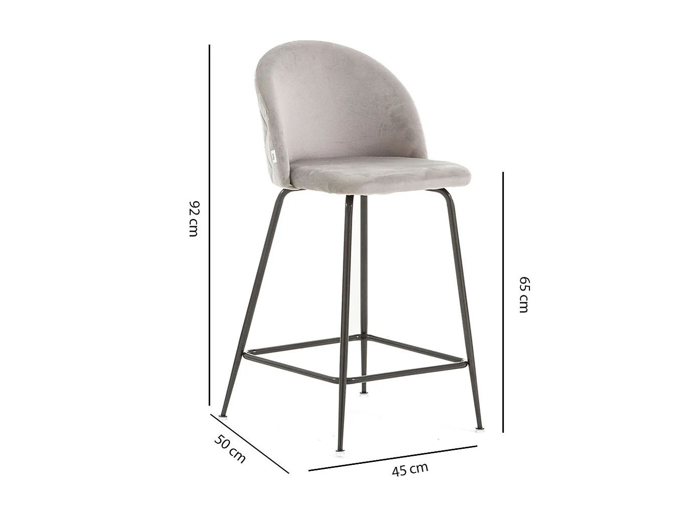 Lot de 2 tabourets de bar rembourrés en velours, pieds en métal, h.65 cm, pour bar, restaurants et cuisine, design moderne et élégant - Sara XL - Gris clair/Gris
