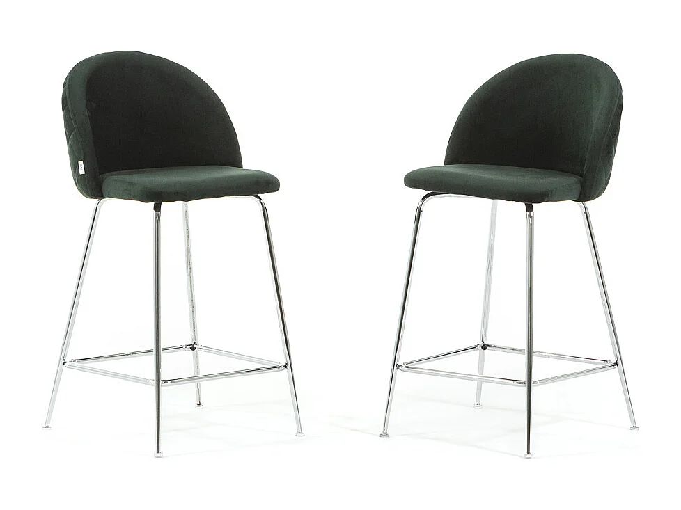 Lot de 2 tabourets de bar rembourrés en velours, pieds en métal, h.65 cm, pour bar, restaurants et cuisine, design moderne et élégant - Sara XL - Vert foncé/Argent