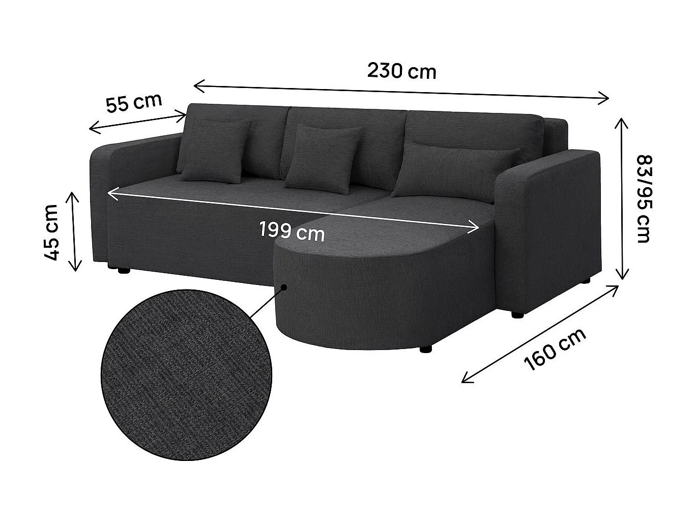 Canapé d'angle convertible/réversible en tissu "Charles" - 3 places - Noir