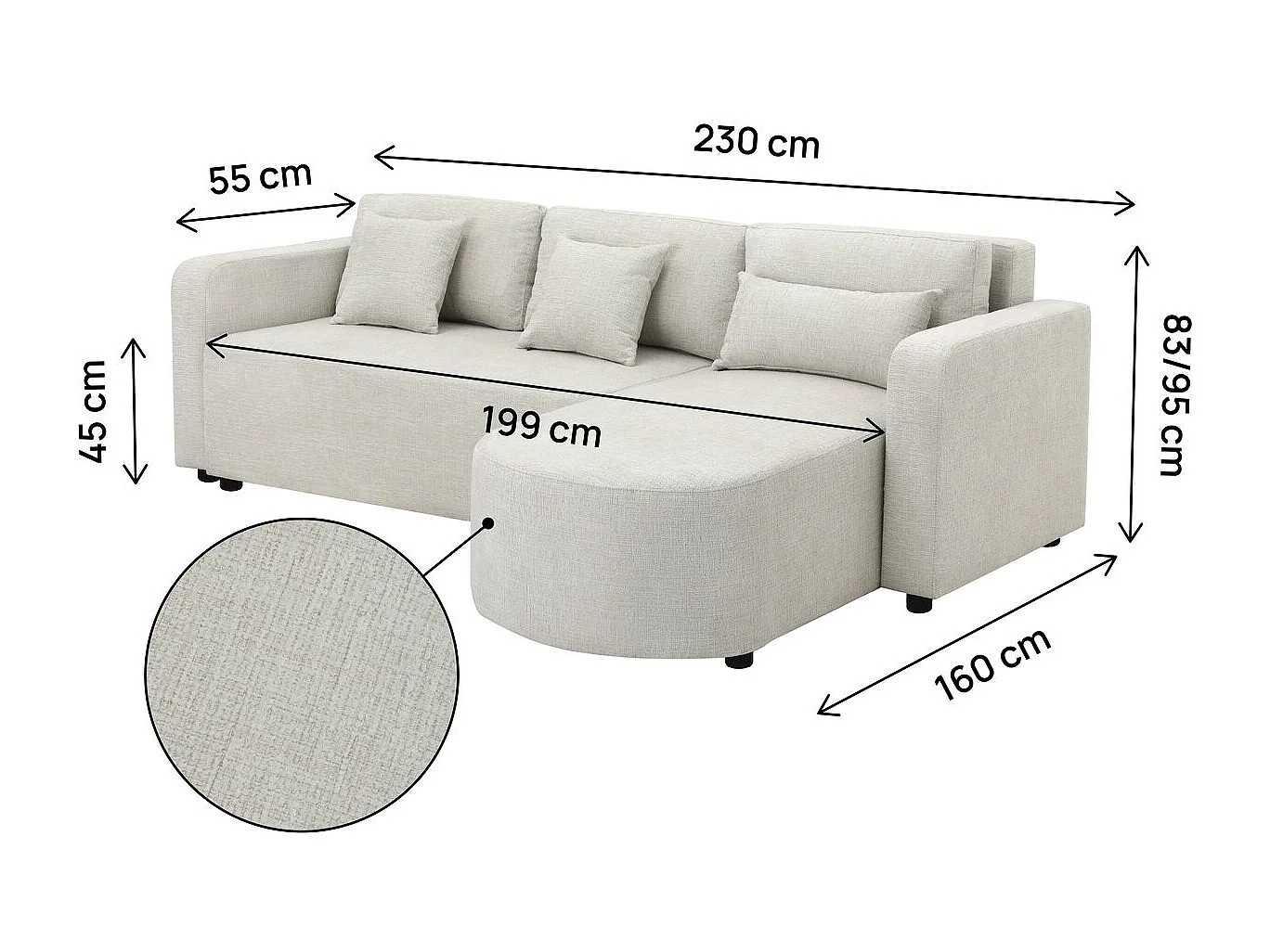 Canapé d'angle convertible/réversible en tissu "Charles" - 3 places - Beige