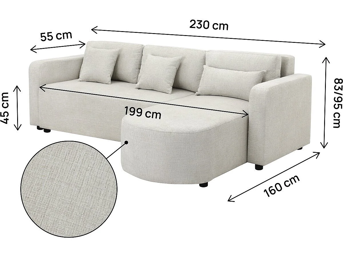 Canapé d'angle convertible 3 places réversible en velours beige CHARLES