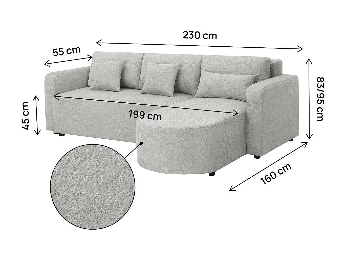 Canapé d'angle convertible et reversible en tissu "Charles" - 3 places - Gris