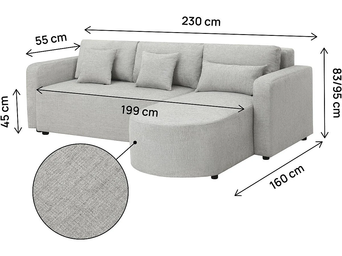 Canapé d'angle convertible 3 places en velours gris CHARLES