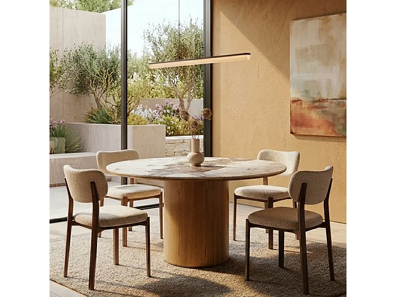 Chaise moderne en tissu beige et pieds métal style bois Zita