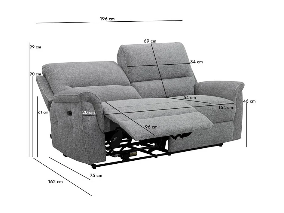 Canapé relax électrique 3 places en tissu doux gris – LEONIE