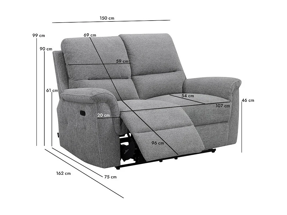 Canapé relax électrique 2 places en tissu doux gris – LEONIE