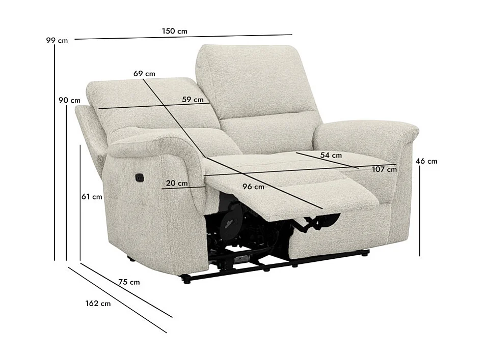Canapé relax électrique 2 places en tissu doux beige – LEONIE