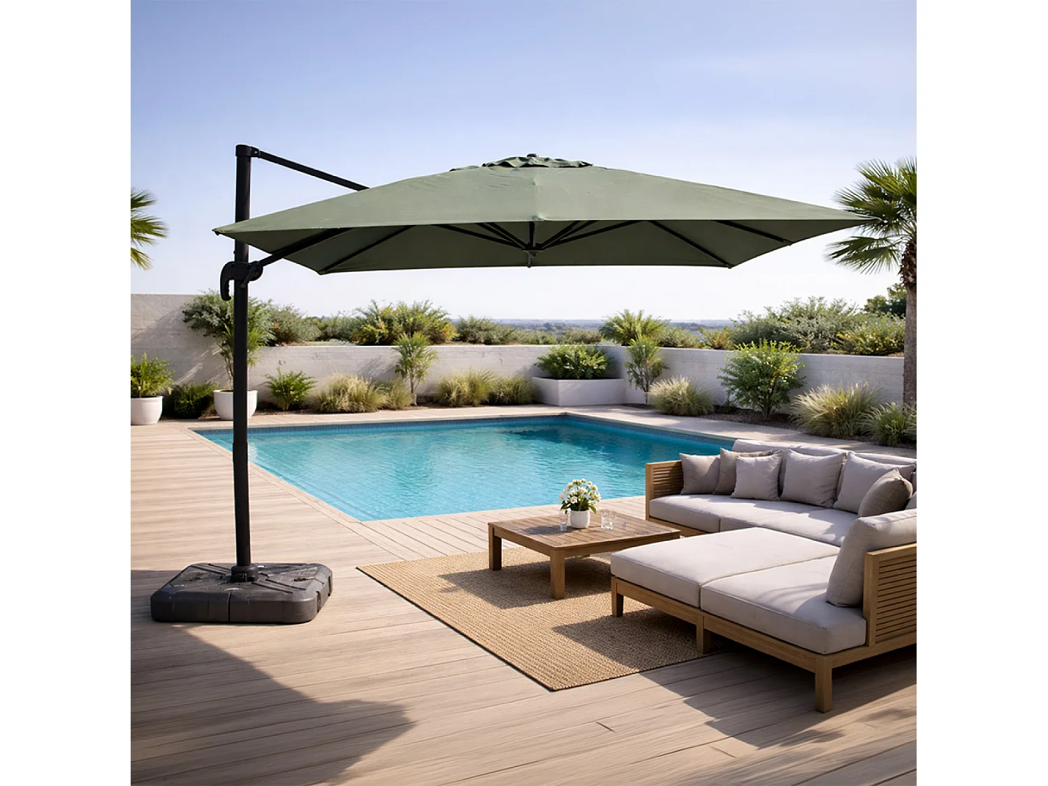 Parasol carré 3x3 déporté rotatif vert en aluminium PALATINO
