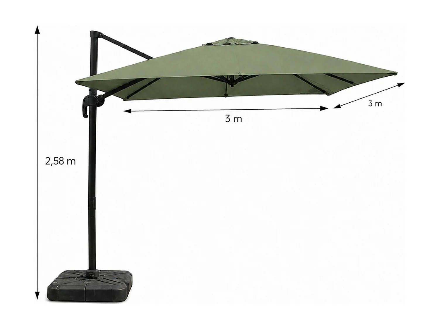 Parasol carré 3x3 déporté rotatif vert en aluminium PALATINO