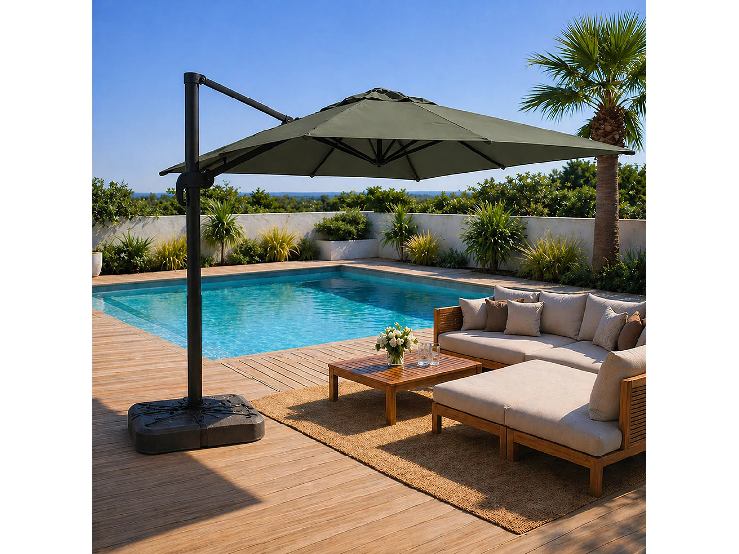 Parasol carré 3x3 déporté rotatif vert en aluminium PALATINO