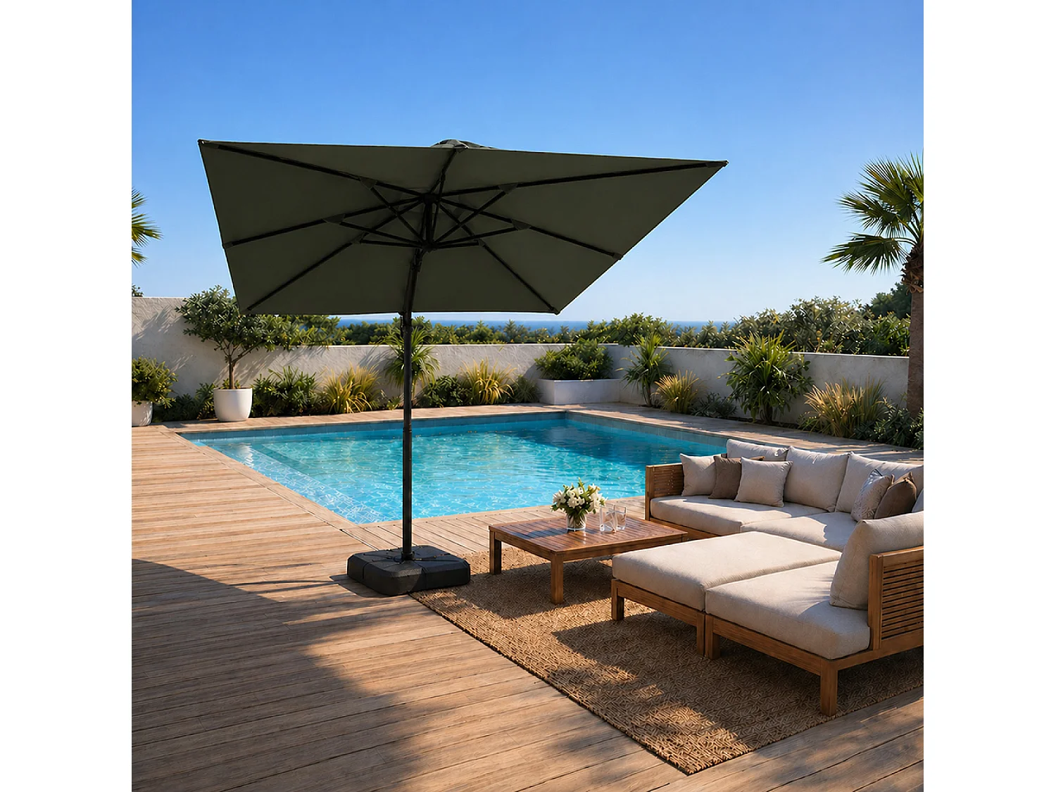 Parasol carré 3x3 déporté rotatif vert en aluminium PALATINO